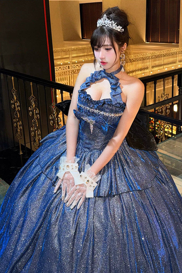 Sweet Lolita Skirt Set with Ruffled Cut-Out Bow and Glitter - Blue