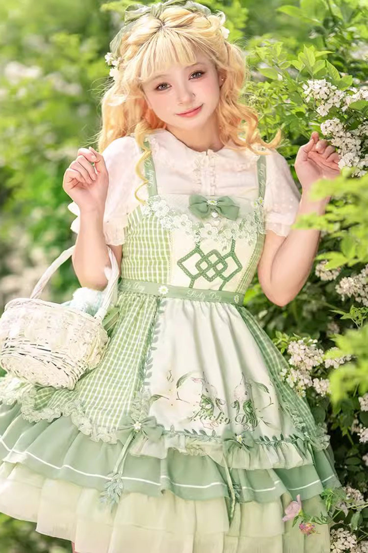 Emerald Country-Style Ruffle Bow Sweet Lolita JSK with Apron