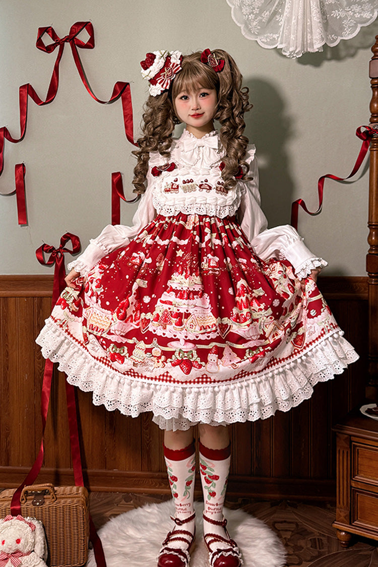 Mint Strawberry Dessert Printed High-Waisted Sweet Lolita JSK Dress - Ruffled