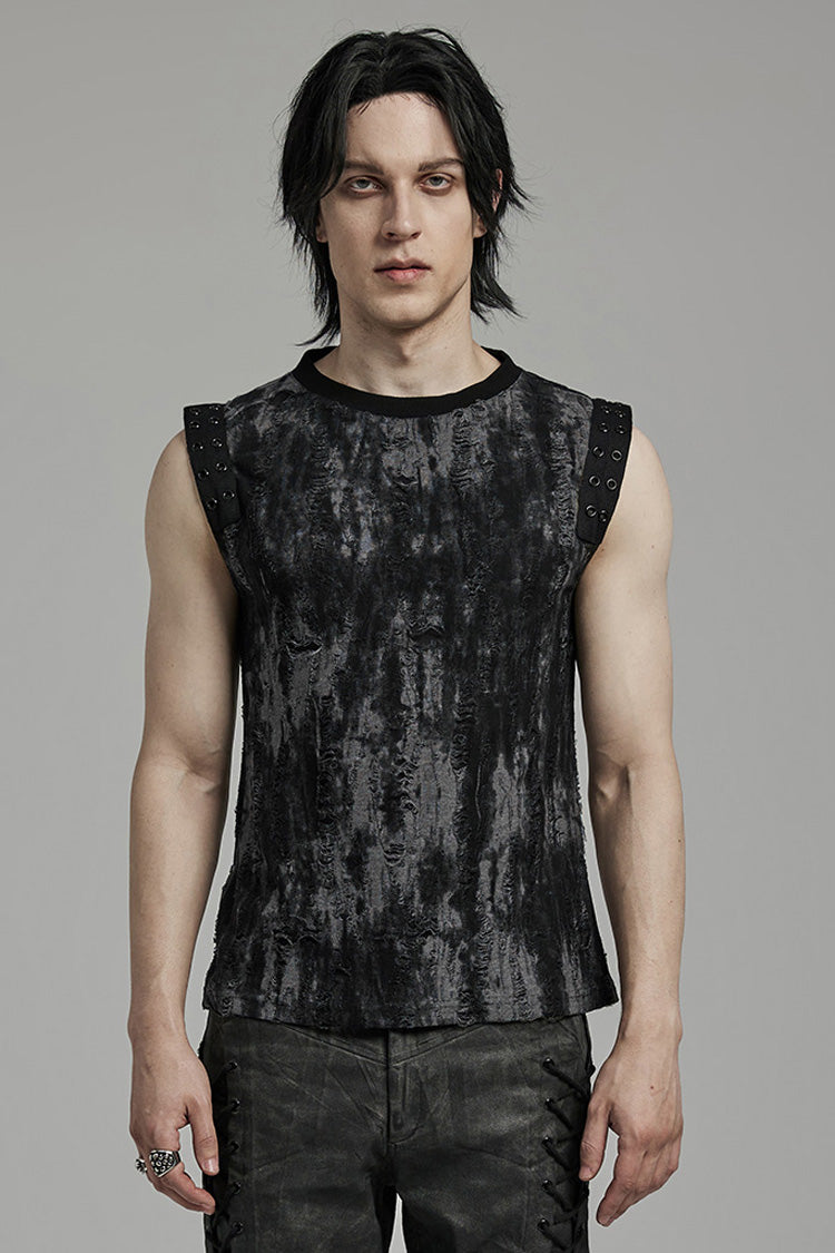 Distressed Eyelet Round Neck Sleeveless Graphic Tank - Gothic
