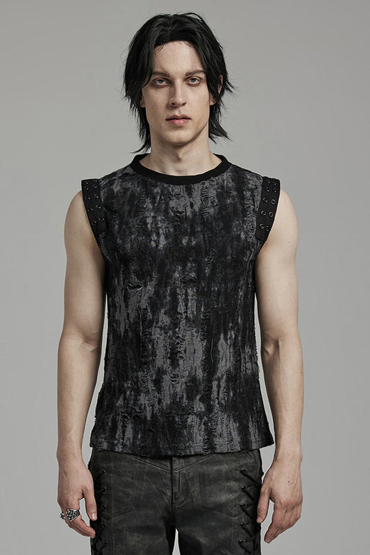 Distressed Eyelet Round Neck Sleeveless Graphic Tank - Gothic