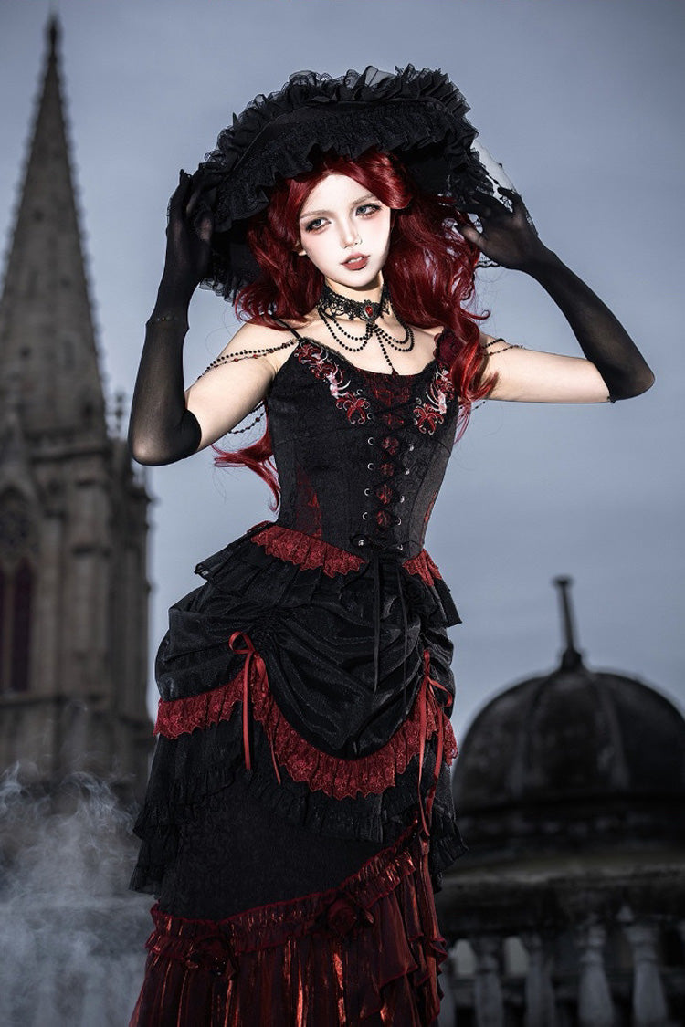 Black/Red Embroidered Lace-Up Gothic Skirt Set with Ruffles