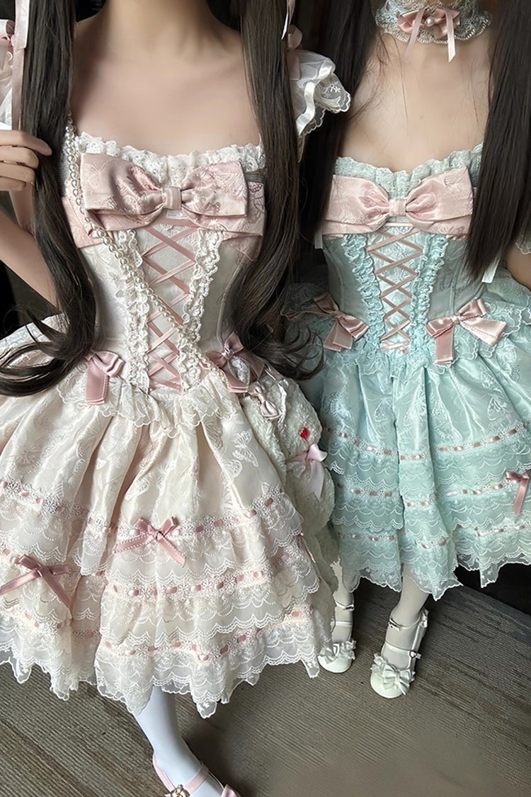Apricot Sweet Elegant Lolita JSK Dress with Sleeveless Ruffles Bowknot Lace and Lace-Up