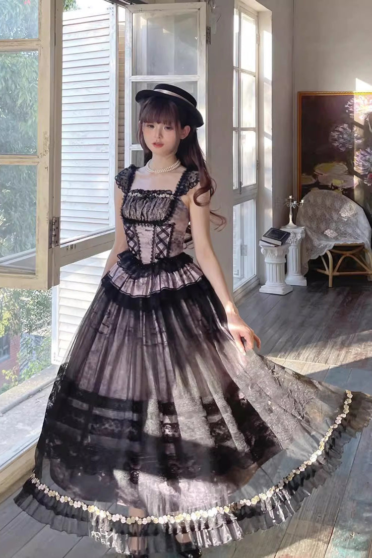 Grey Pink Misty Vineyard Sleeveless Lace-Up Ruffle Bow Sweet Lolita Jumper Skirt Set