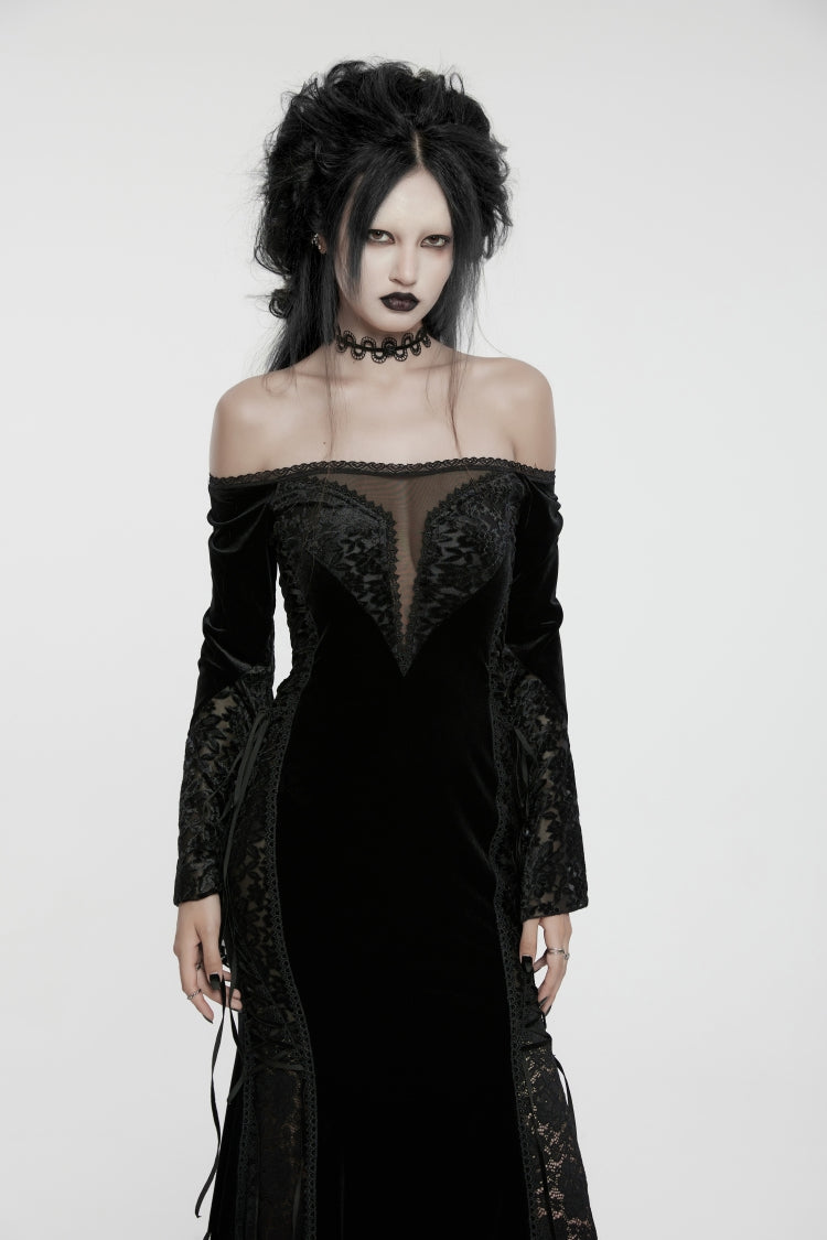 Black Off-Shoulder Long Trumpet Sleeve Embroidered Lace Lace-Up Gothic Palace Velvet Dress
