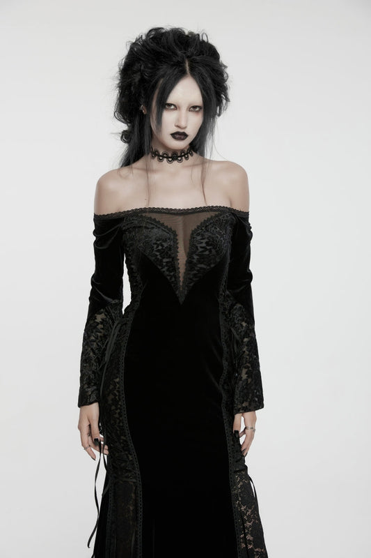 Black Off-Shoulder Long Trumpet Sleeve Embroidered Lace Lace-Up Gothic Palace Velvet Dress