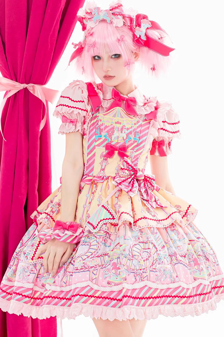 Sweet Lolita JSK in Yellow Pink with Bowknot Ruffled Print - Candy Park