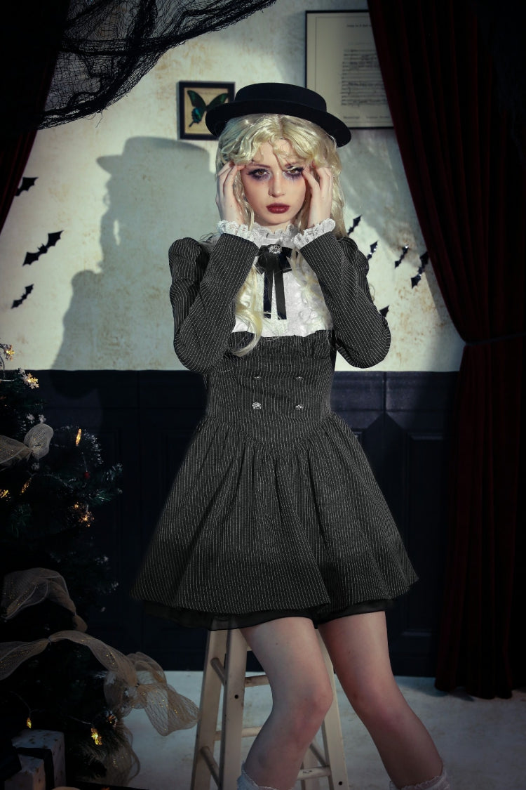 Black/White Striped Lace-Up Gothic Dress with Bow