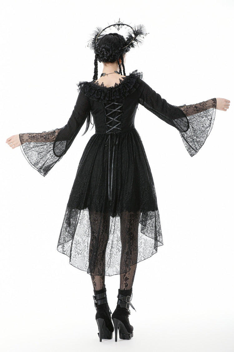 Gothic Black Lace Boat-Neck Trumpet-Sleeve High-Low Hem Elegant Long Gown