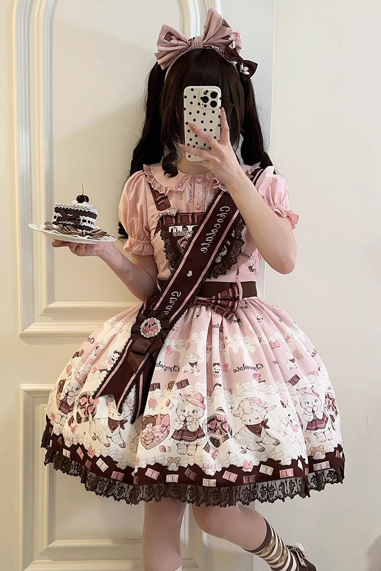 Chocolate Rosette Cat Printed Bow Stitching Lace Sweet Lolita JSK Dress