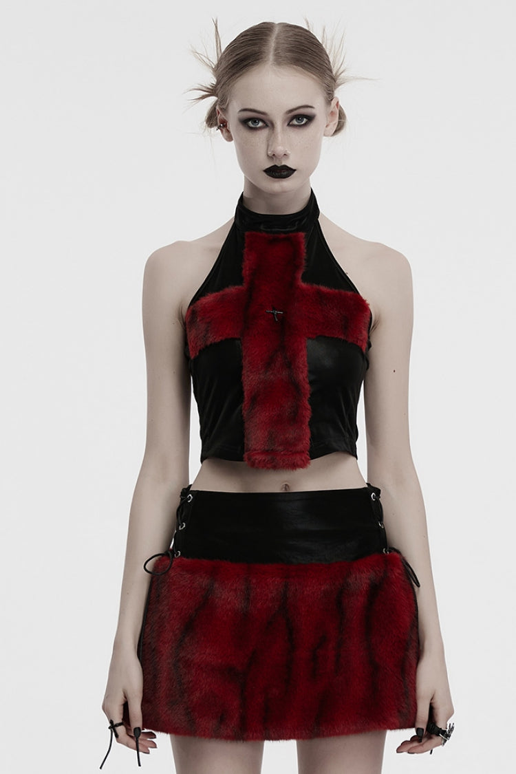 Crimson & Noir Halter Sleeveless Faux Fur Trim Punk Corset Vest