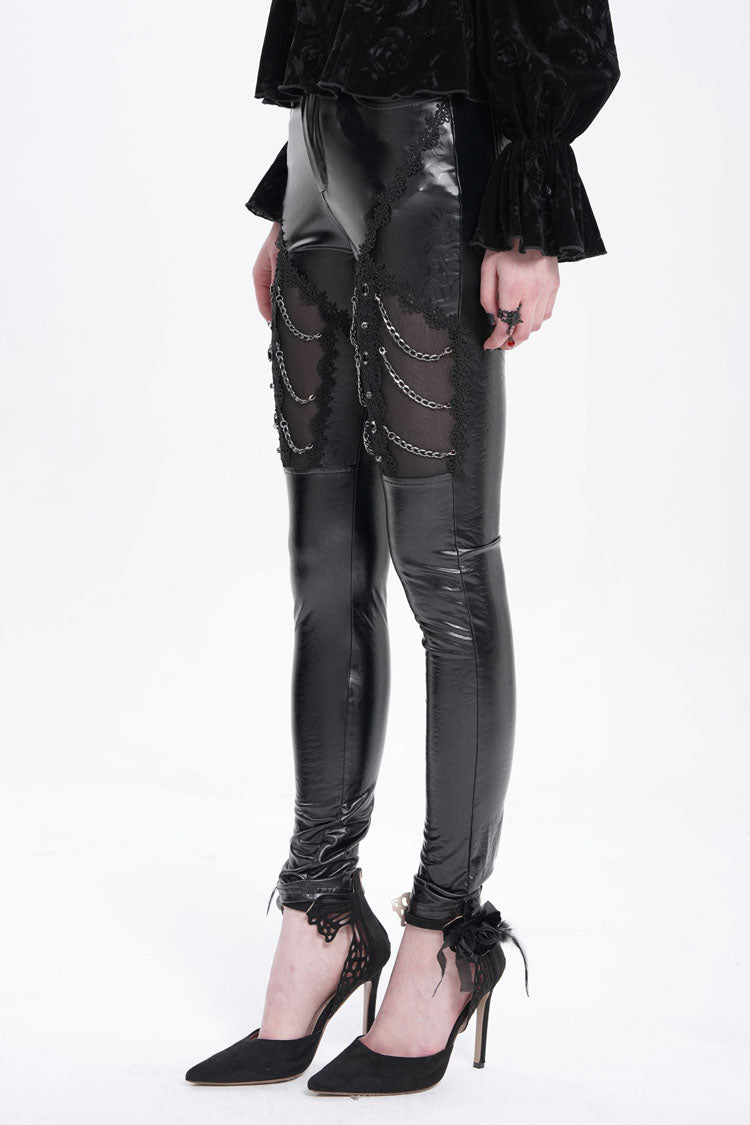 Gothic Pants with Faux Leather Stitching Lace and Chain