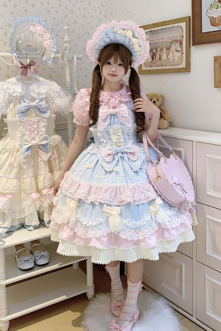 Blue Pink Fondant Cake Sleeveless Layered Ruffle Bow Lace Sweet Jsk Dress