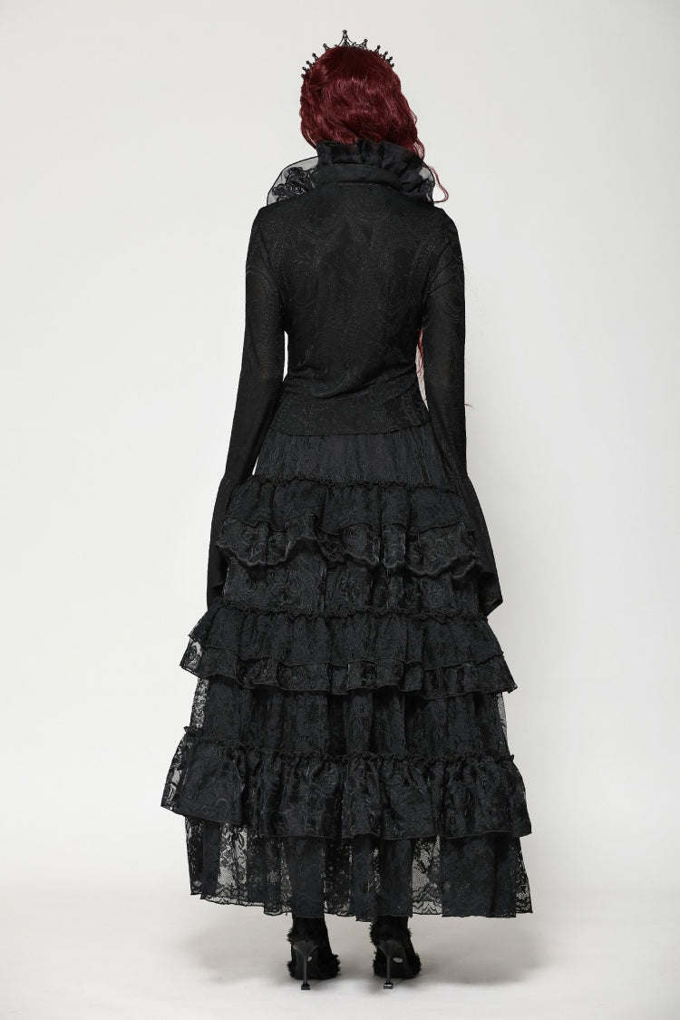 Ruffled V Stand Collar Long Flared Sleeve Jacquard Gothic Blouse for Women Lace