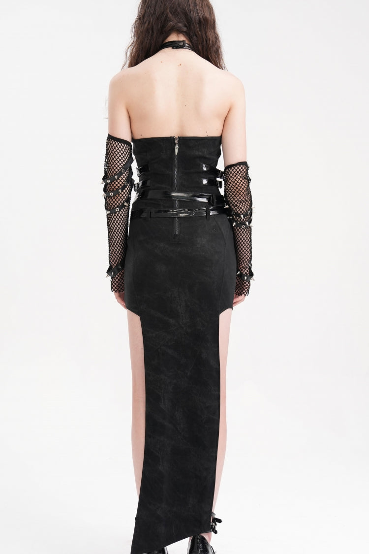 Gothic Maxi Dress with Chains Buckle Halter Lace-Up Hollow
