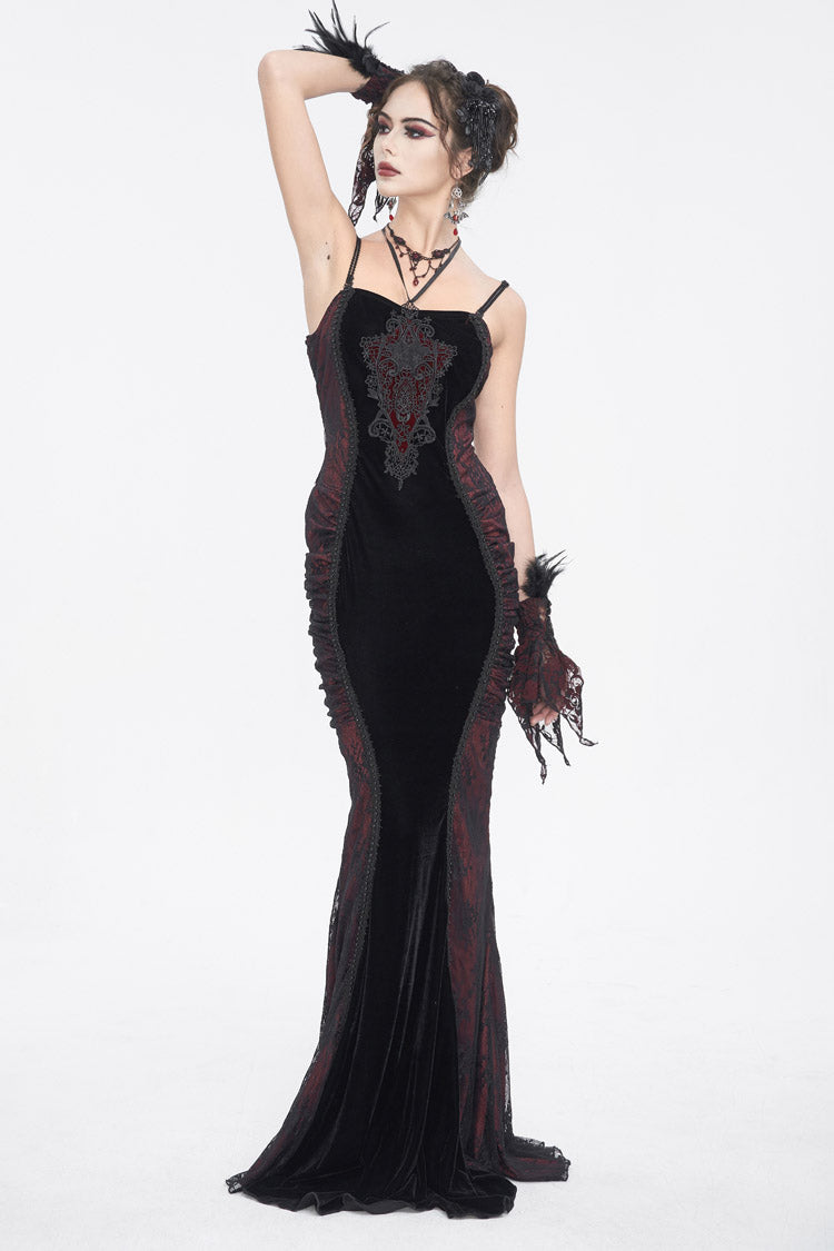 Crimson & Noir High-Waist Embroidered Gothic Dress with Elegant Stitching