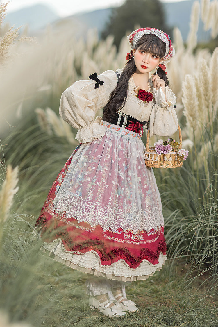 Wine Red Velvet Classic Lolita JSK Dress with Berries and Birds Print Ruffle Bowknot