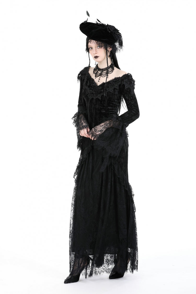 Off Shoulder Lace Long Trumpet Sleeves Lace-Up Gothic Bodycon Dress