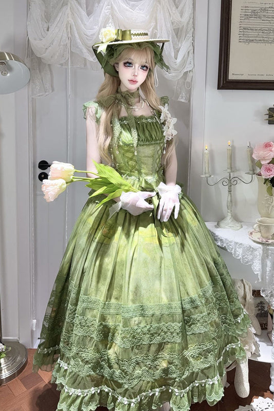 Green Sleeveless Lace-Up Sweet Jsk Dress Set with Bow - Mist-shrouded Vineyard