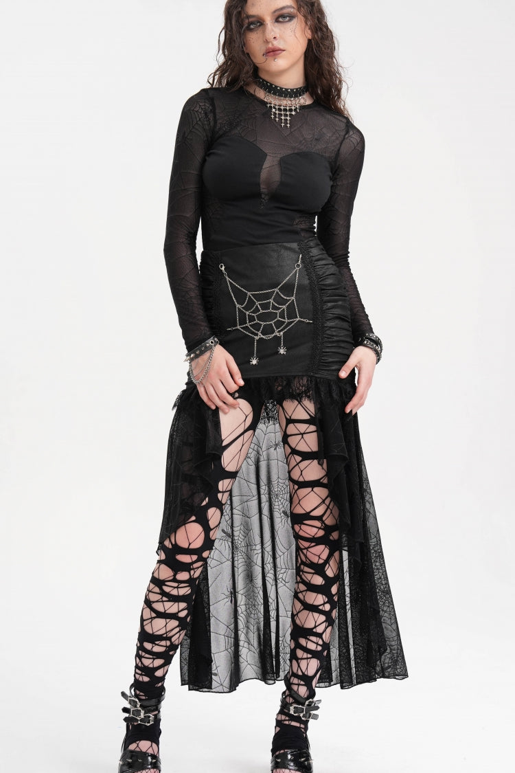 Gothic Skirt with Irregular Hem Lace Chain and Mesh
