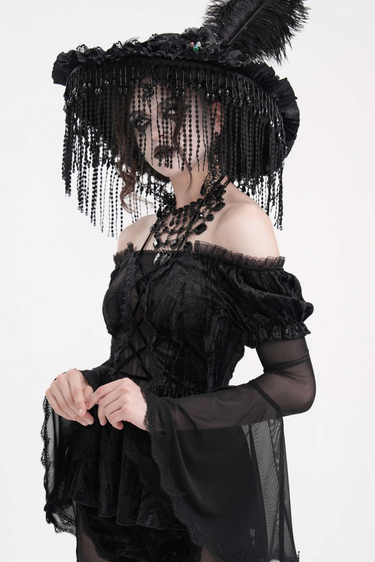 Sheer Black Hollow Lace-Up Mesh Long Sleeve Halter Gothic Blouse
