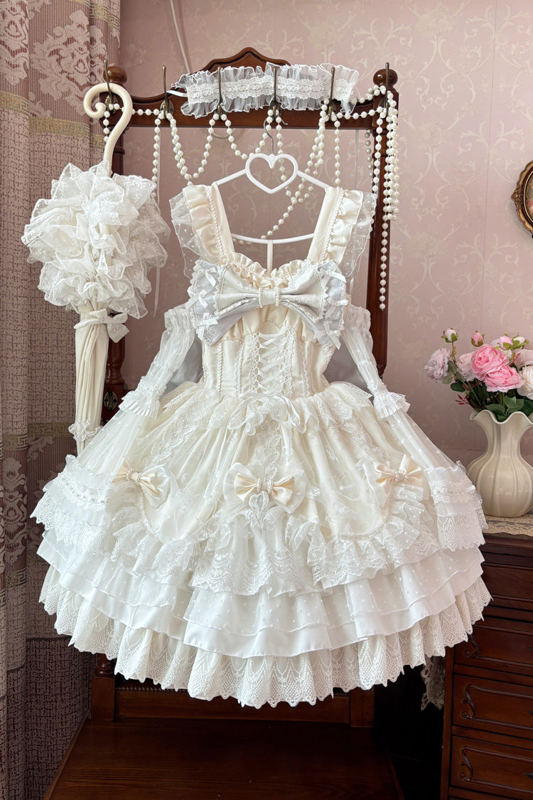 Ivory Sleeveless Triple Ruffled Embroidered Bow Lace-Up Pearl Plus Size Lolita JSK