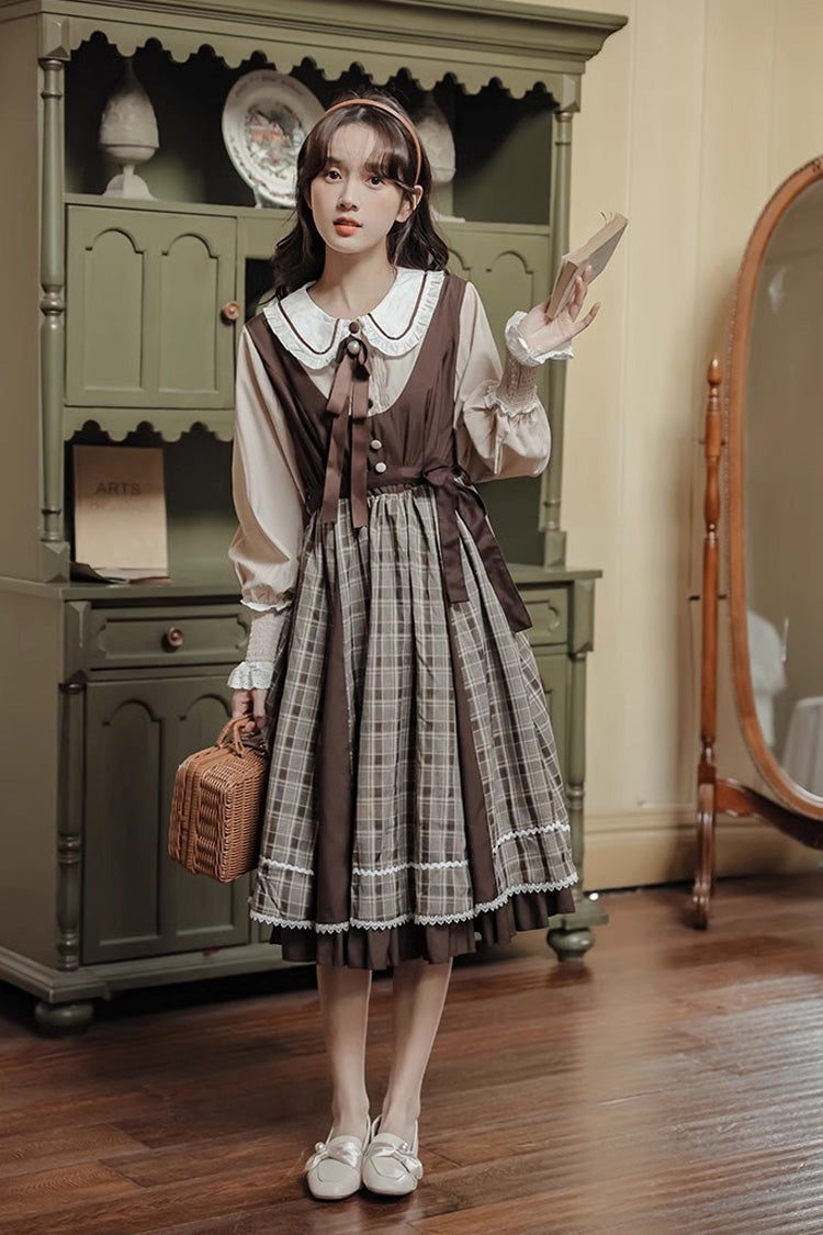 White/Brown Campus Sweet Lolita OP Dress Doll Collar Lantern Sleeves - Altfashion Shop