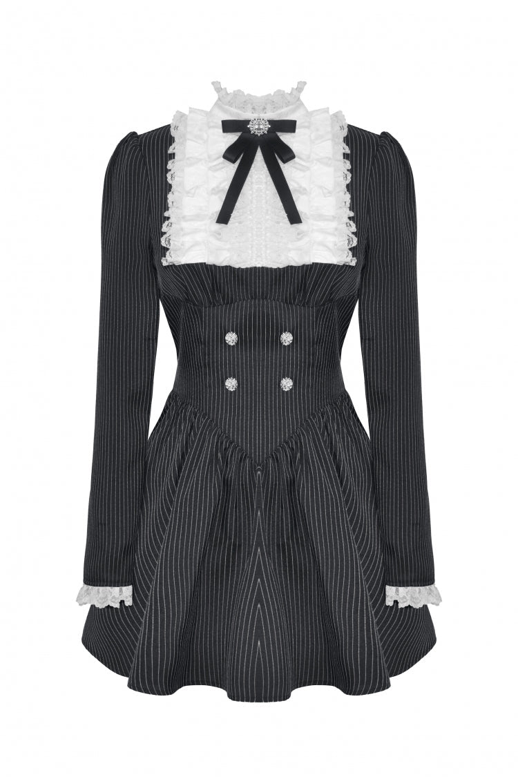 Black/White Striped Lace-Up Gothic Dress with Bow