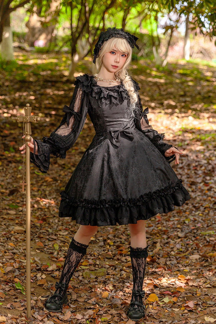 Floral Canon Round Collar Sleeveless Jacquard Printed Ruffled Bow Gothic Lolita Jsk Dress - Black