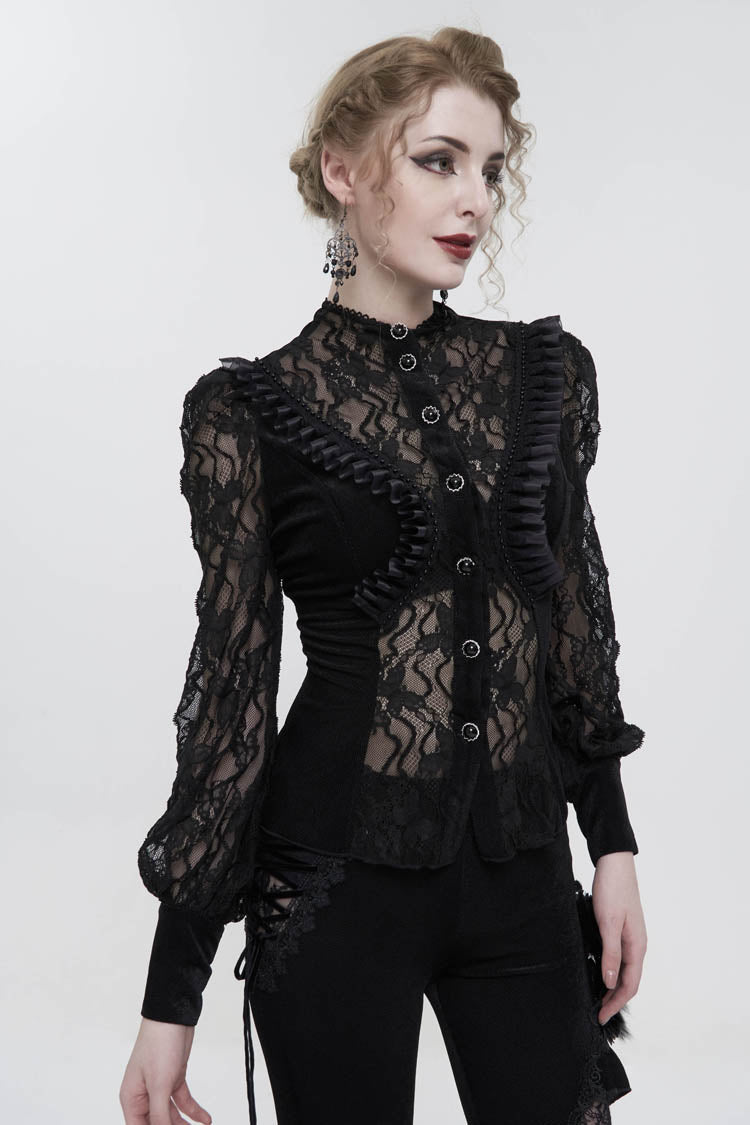 Charcoal Velvet High-Neck Lace Gothic Shirt with Butterfly Embroidery