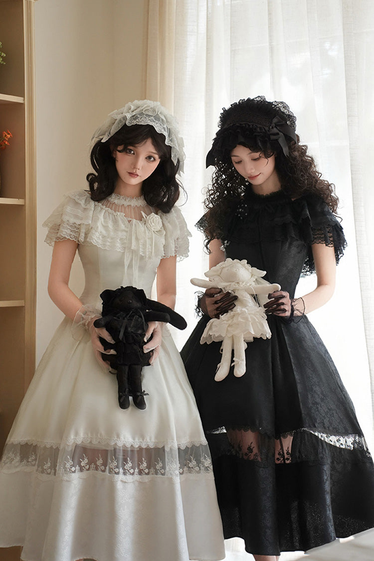 Ivory Off Shoulder Halter Print Ruffle Gothic Elegant Dress