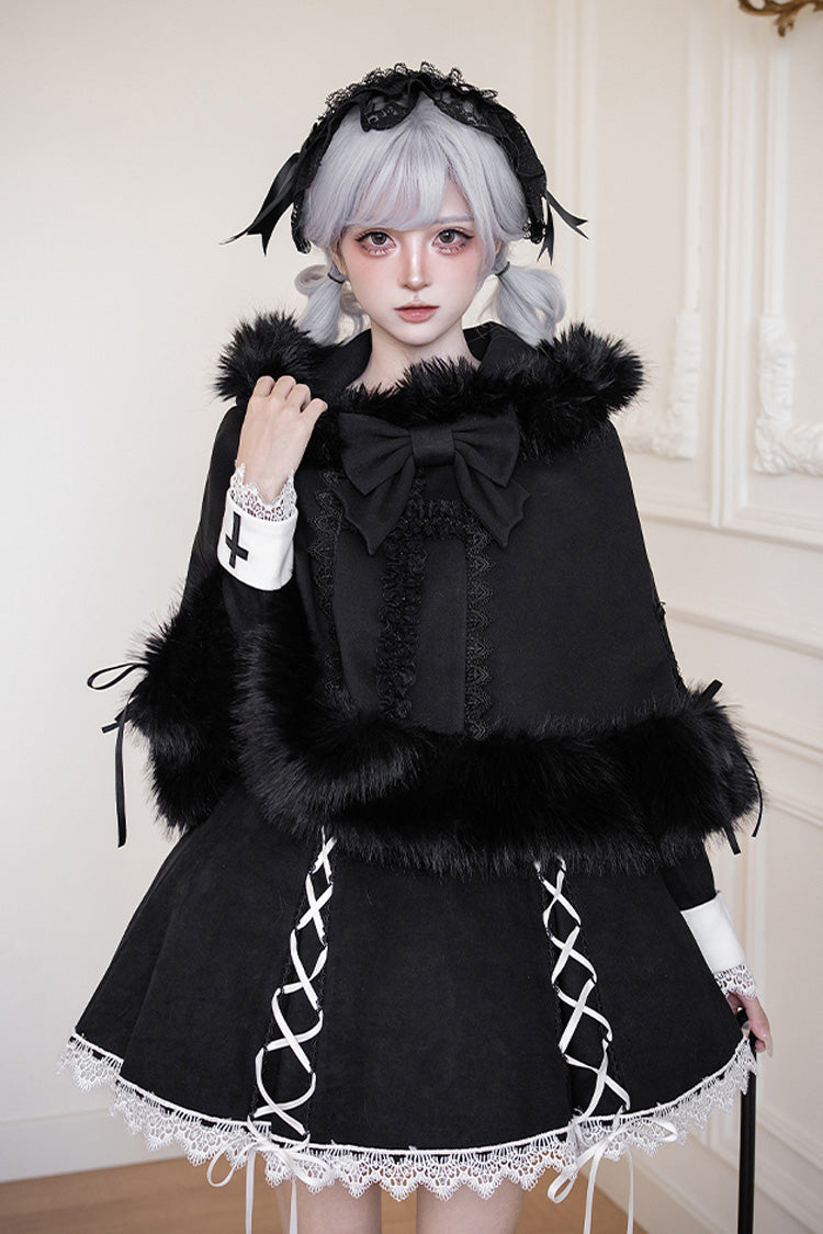 Rose Doll Square Collar Lace-Up Gothic Lolita Dress Set with Bow