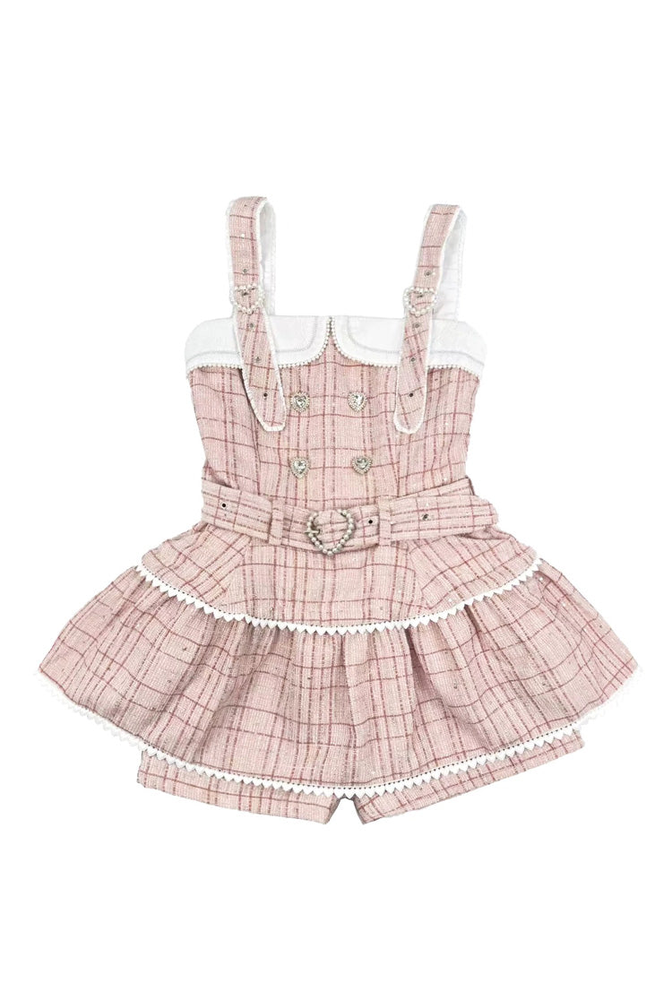 Pink Plaid Pearl-Adorned Sweet Jirai Kei Strap Dress Set