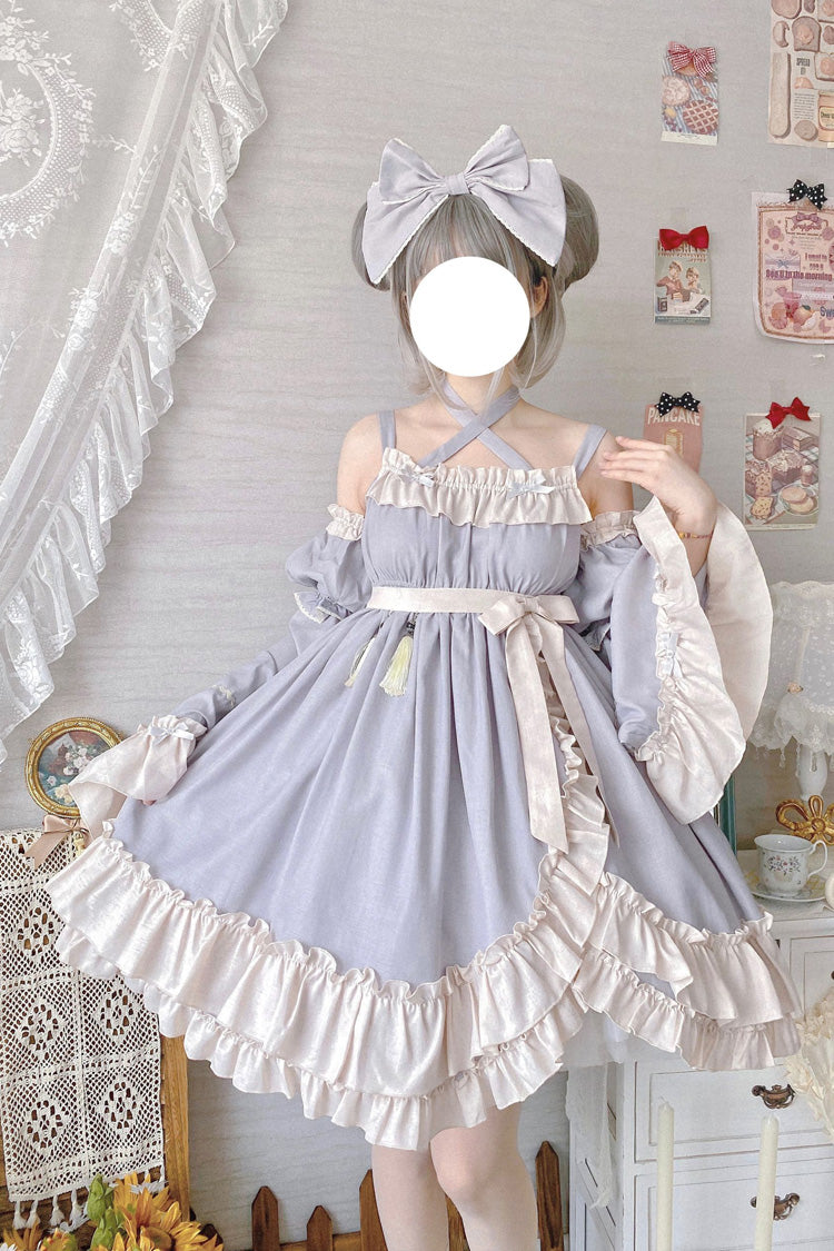 Sleeveless High Waist Ruffle Bow Asymmetric Sweet Lolita Jumper Dress - Grey