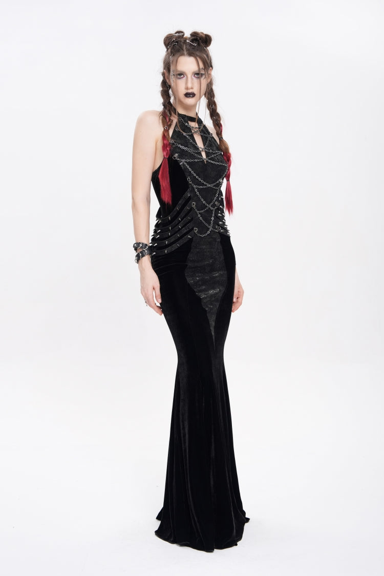 Edgy Black Chain-Strap Sleeveless Rivet Halter Punk Dress