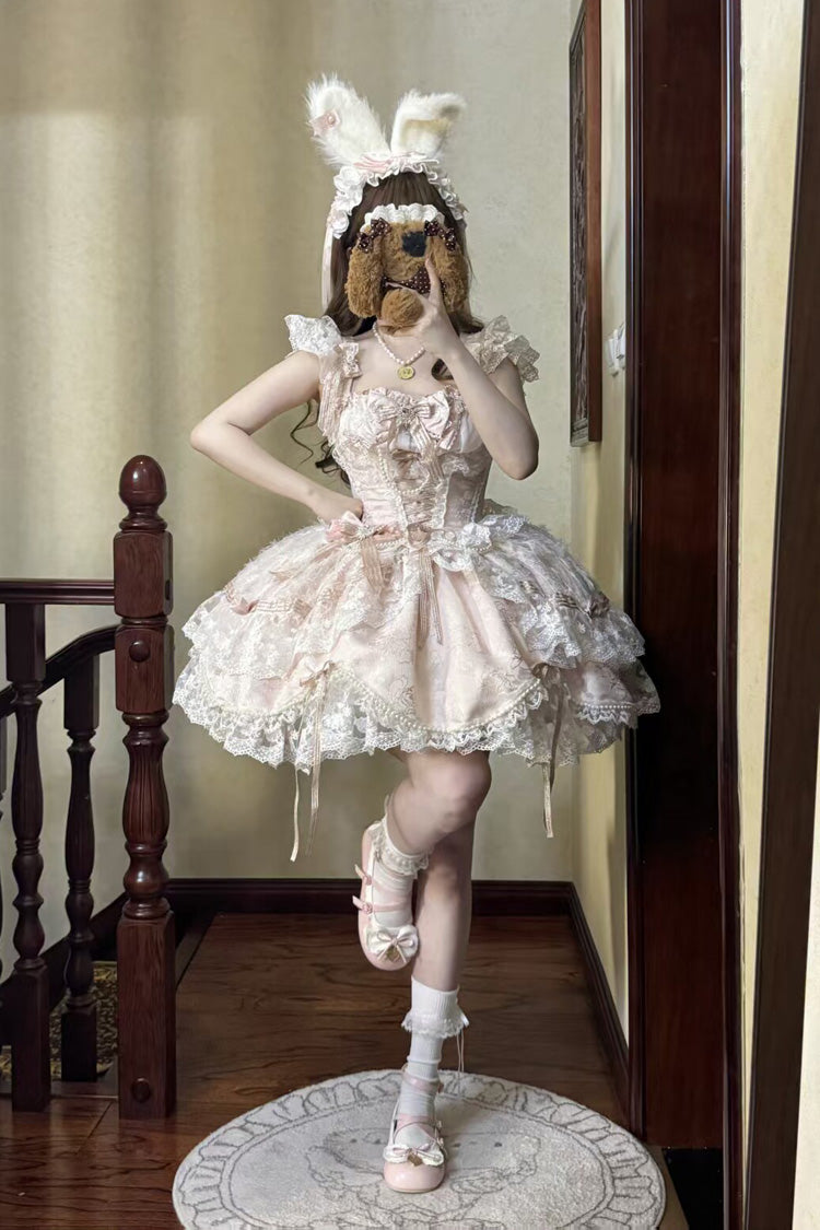Anna's Ball Square Collar Ruffled Hanayome Bow Lace Ballet JSK - Pink