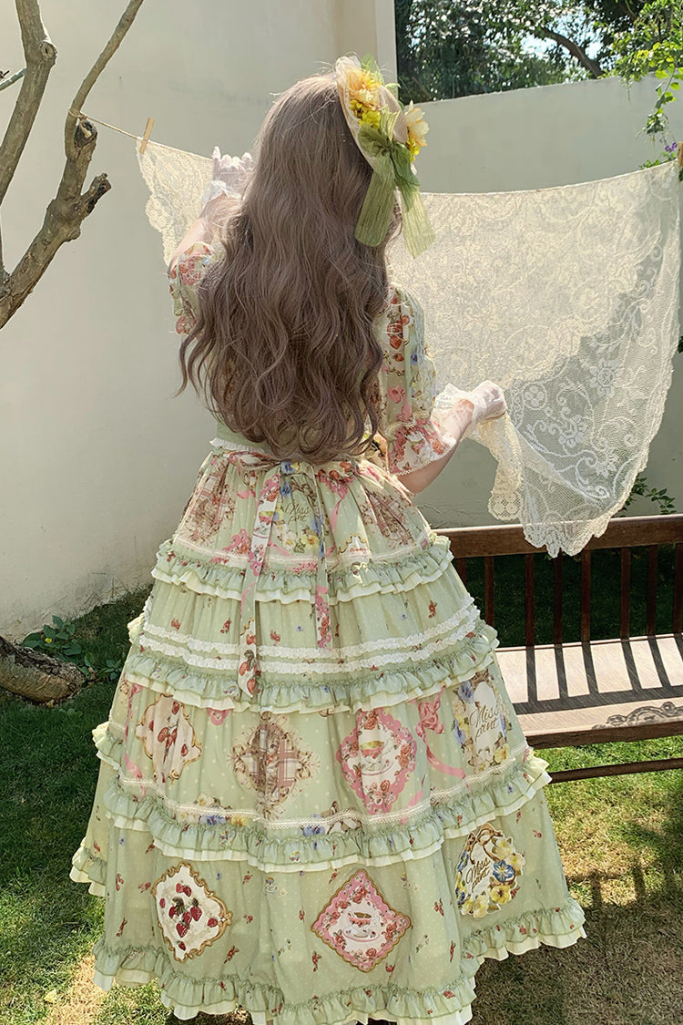 Green Short Sleeve Print Ruffle Cardigan Bowknot Gorgeous Dress