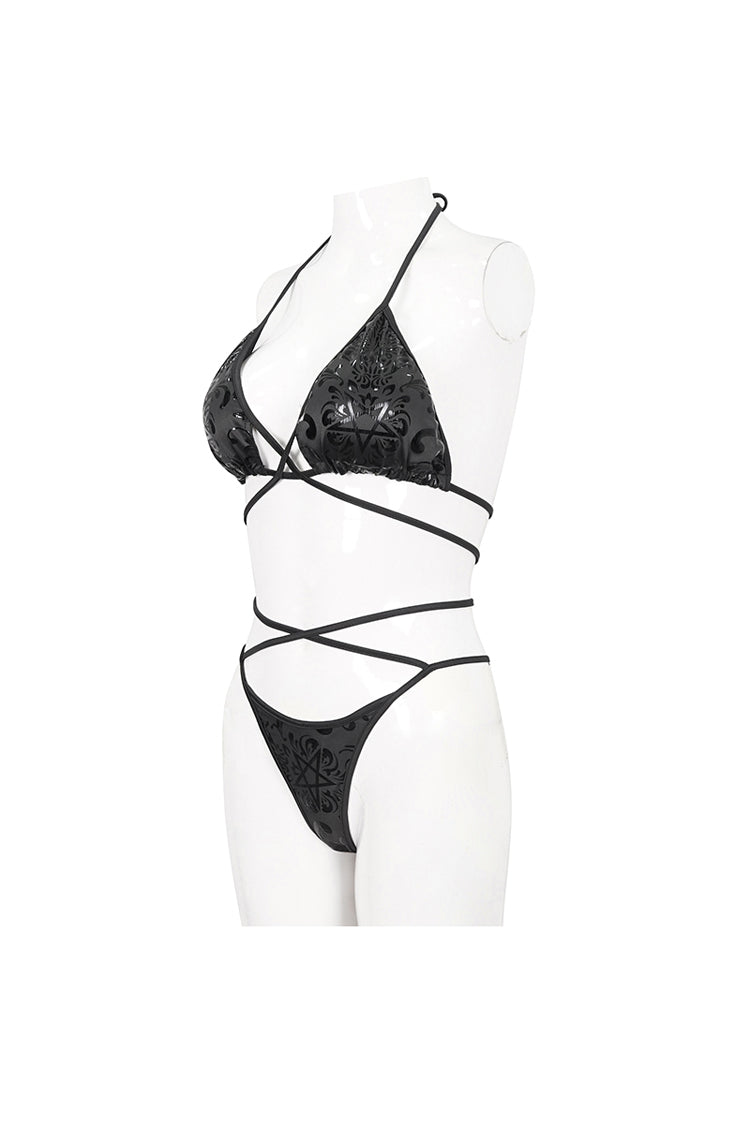 Dark Occult Print Strap Gothic Swimwear Ensemble
