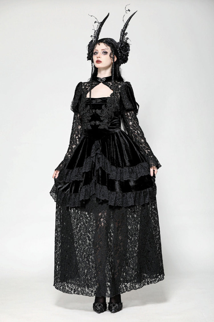 Jet-Black Gothic Evening Dress with Cutout Lace and Velvet Corset