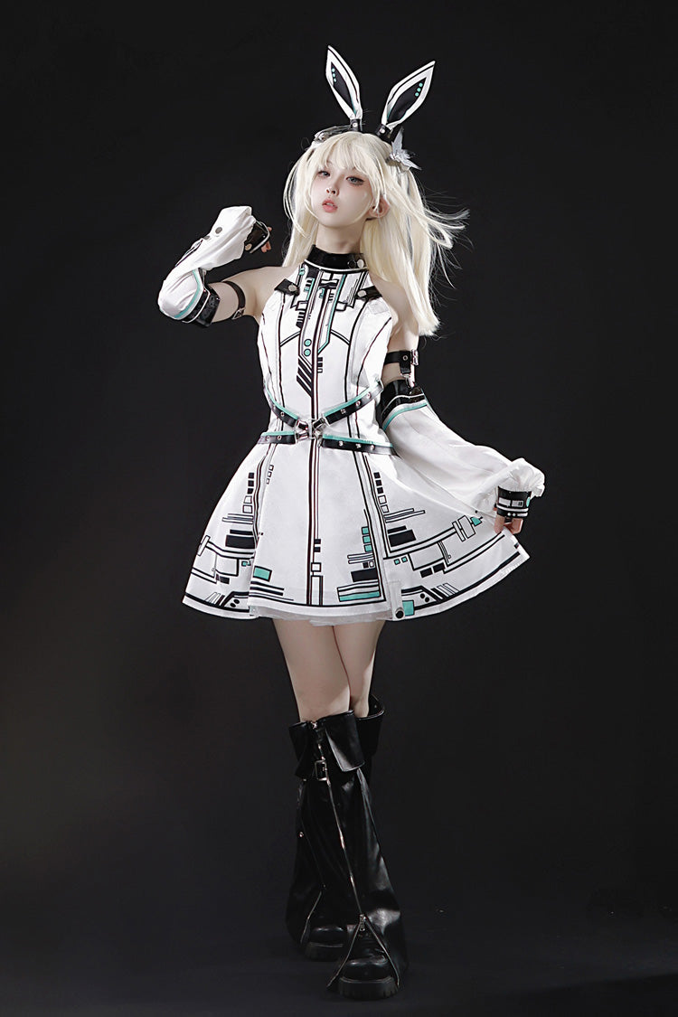 Stand Collar Print Futuristic Style Sweet Handsome Lolita Dress - White