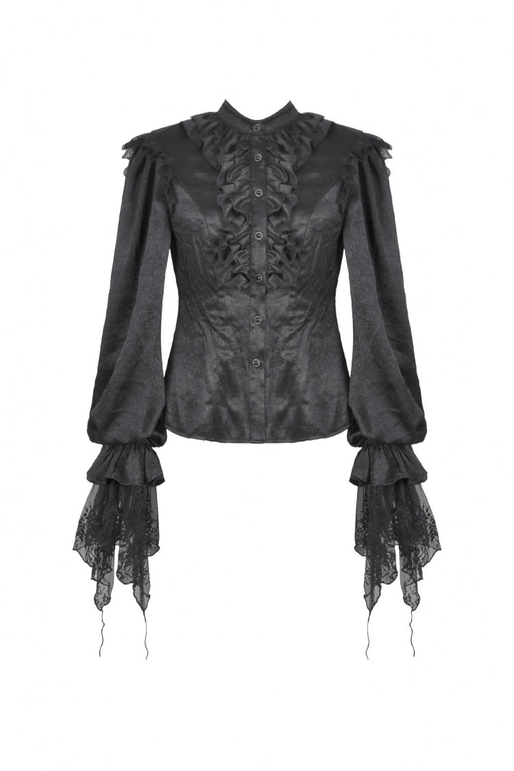 Jet-Black Gothic Blouse with Lantern Sleeves and Ruffled Lace
