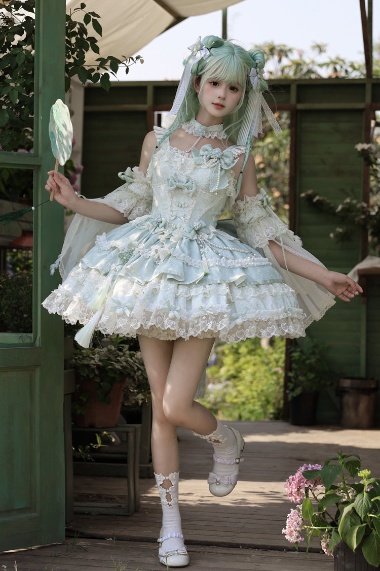 Jacquard Square Collar Sleeveless Layered Cherry Lace Pearl Bow Lolita JSK