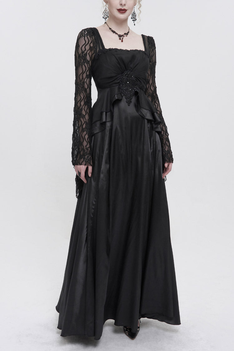 Gothic Pointed Long-Sleeve Back-Zip Satin Floor-Length Black Lace Formal Gown