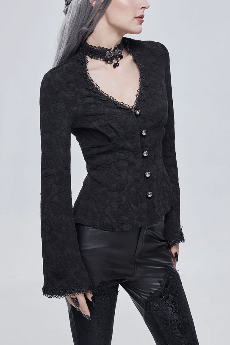 Gothic Shirt with V-Neck, Metal Buttons, Lace Jacquard, Frenulum Sleeves