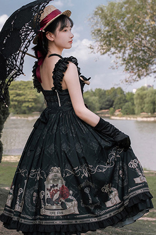 Strapless Gothic Lolita JSK with Rose Print and Bowknot Ruffles