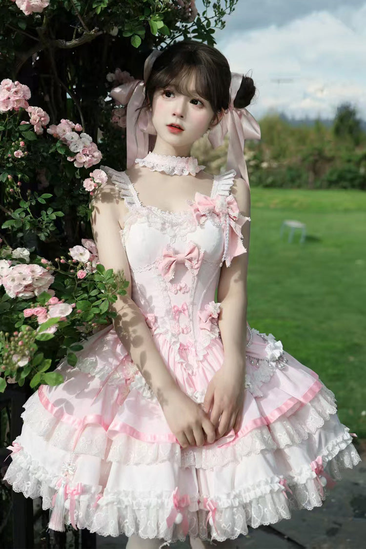 Pink Prelude of Spring Cherry Square Collar Sleeveless Jacquard Lace JSK