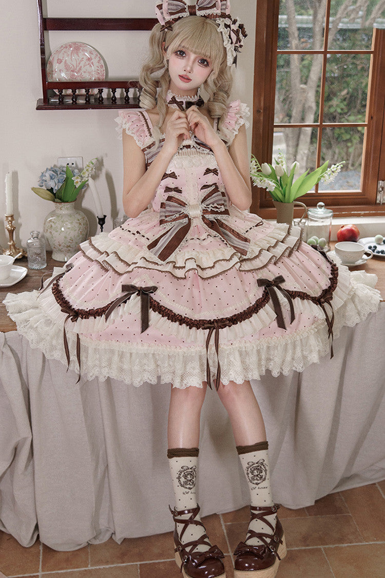 Sleeveless Print Ruffle Bow Lace-Up Sweet Elegant Lolita Jumper Dress - Pink