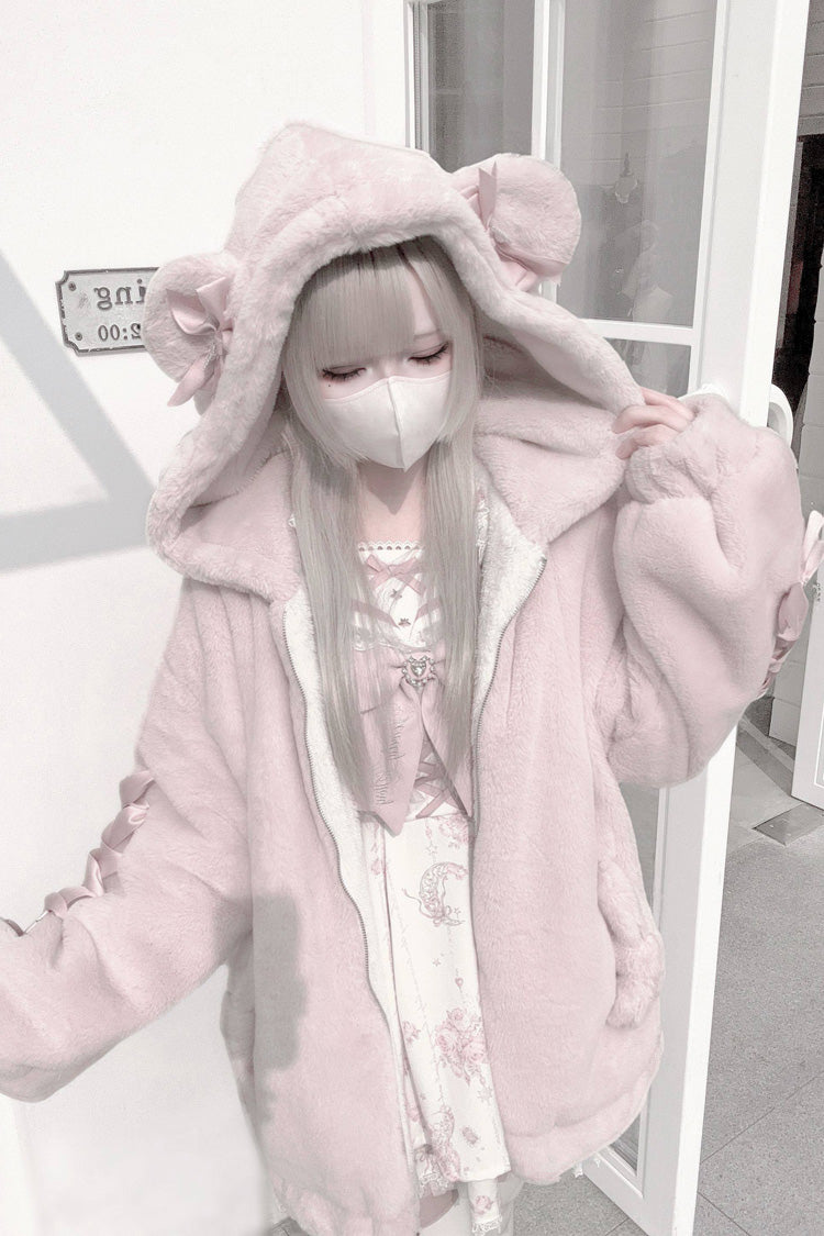 Sleepy Bear Fluffy Japanese Jirai Kei Coat with Bow and Lace-Up