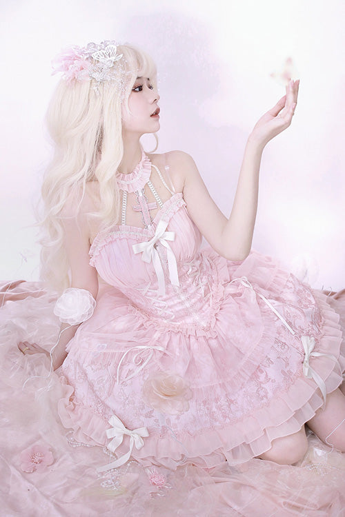 Blush Strapless Sleeveless Bow Accent Ruffled Sweet Lolita Layered Gown