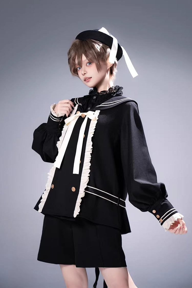 Navy-Collar Long-Sleeve Prince Ouji Short Coat Set in Black